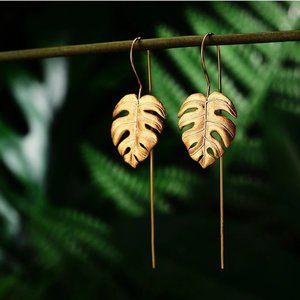 Monstera Leaf Earring, Gold Leaf Dangle